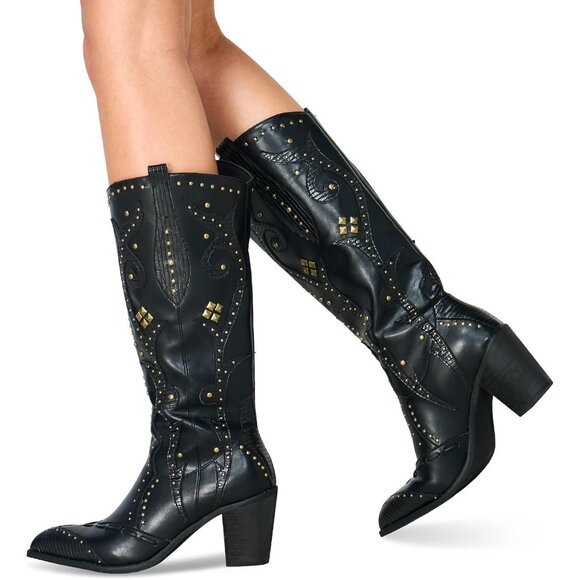 Women’s Leather Pointed Toe Chunky Heel Embroidered Mid Calf Design Black Boot - Picture 2 of 5